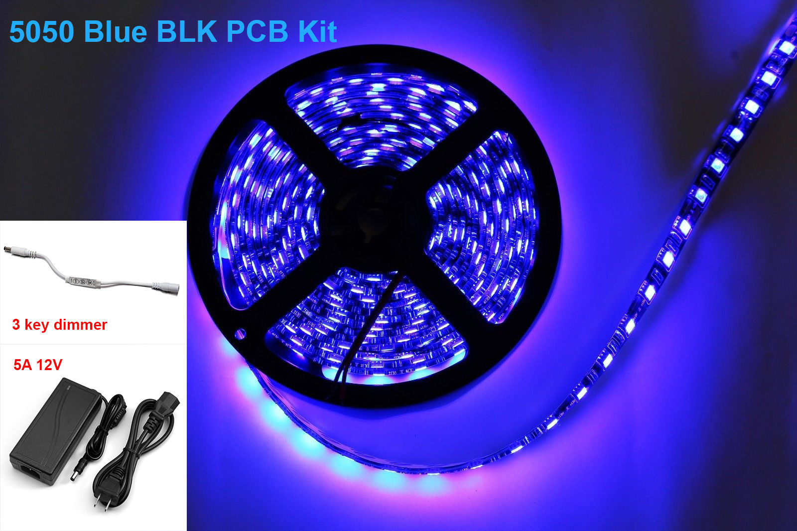 Blue 5M 300Led 5050 SMD Waterproof LED Strip Light Black PCB+Dimmer+12V/5A Power